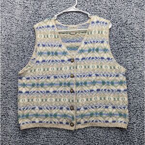 VTG LL Bean Knit Vest Size L Grandma Cottage Boho Button Up Striped Hippie Beige